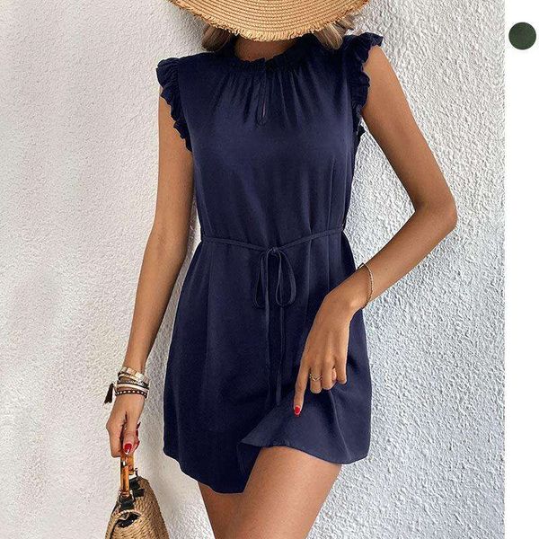 

summer womens soaring sleeves pure color lace up dress, Black;gray