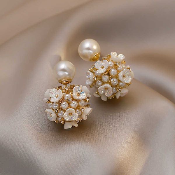

charm white shell flower pearl stud earrings for women ball double side elegant earrings set vintage fashion jewelry r230804, Golden