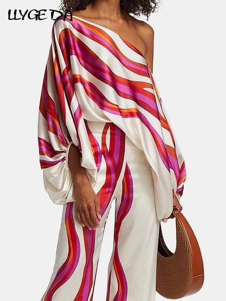 

women s two piece pants print pant women set oversize high waist wide leg elegant woman sets 2023 loose batwing sleeve summer female suits 2, White