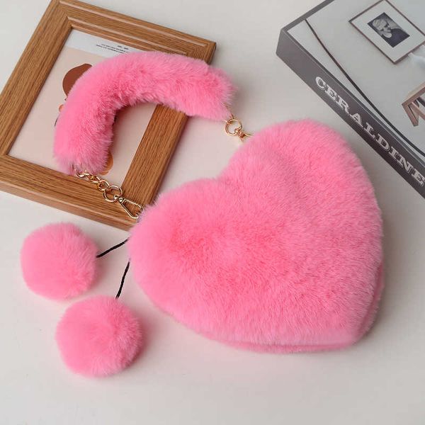 

shoulder bags fashion plush heart shaped handbag for women s with diagonal cross handle peach heart love hairpin crossbody wallet 230804