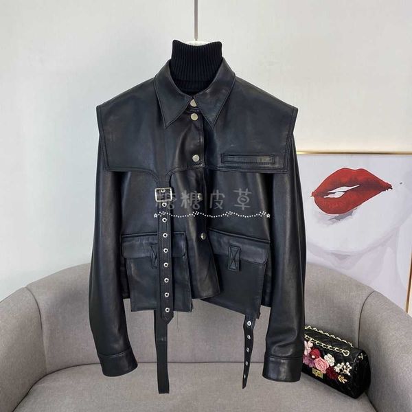 

winter women leather jackets metal buckle trench coat blam designer jacket womens punk style short coats casual windbreaker, Black