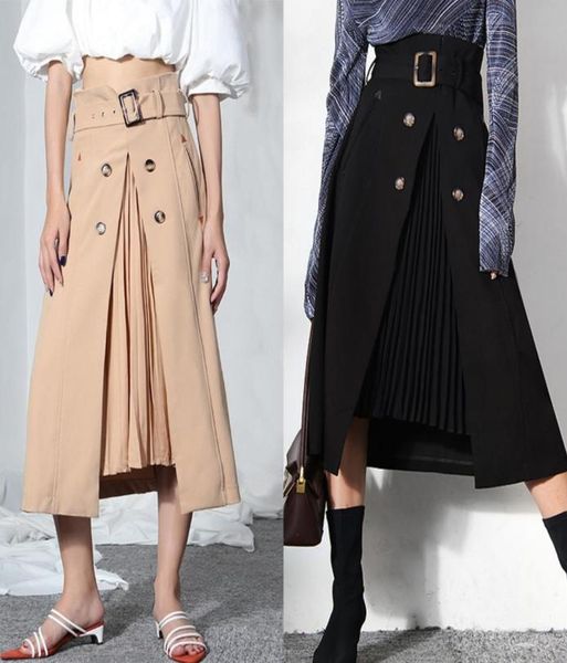 

stitching pleated layered high waist belt fake twopiece skirt71550714569339, Black