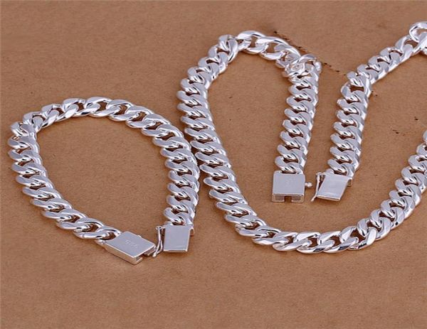 

s101 fashion jewelry set 925 sterling silver plated 10mm side chain necklace bracelet for men 267098