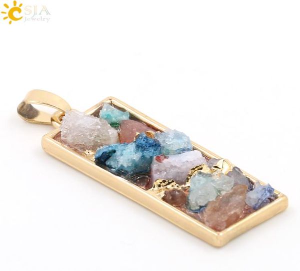 

csja european fashion jewelry for women irregular colorful drusy druzy natural crystal stone beads necklace gold plated pendant ch6053643, Bronze;silver