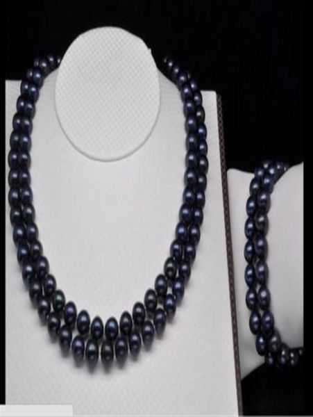 

2 row 89mm tahitian black south sea pearl necklace bracet273y6536855, Silver