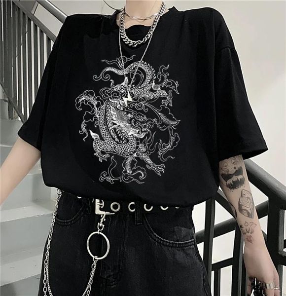 

korean version of fun ulzzang cute dragon punk gothic female t shirt clothes short sleeve hip hop retro print bar harajuku tee4717289, White