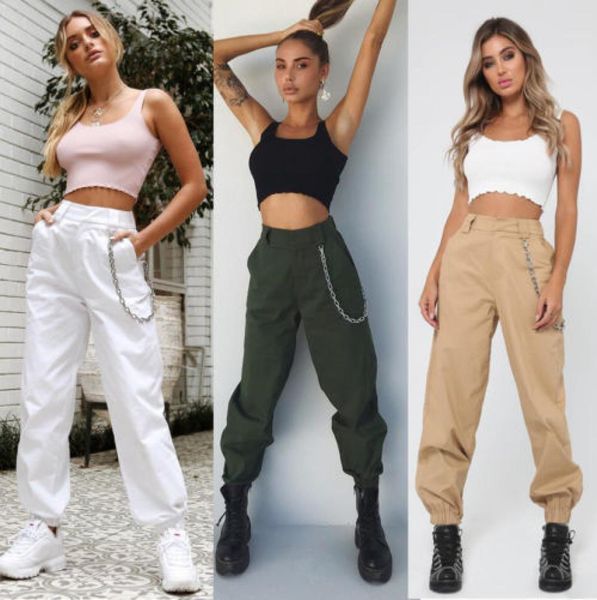 

women039s high waist loose casual drawstring elastic long cargo ladies streetwear trousers autumn solid cool girls pants c190414547724, Black;white