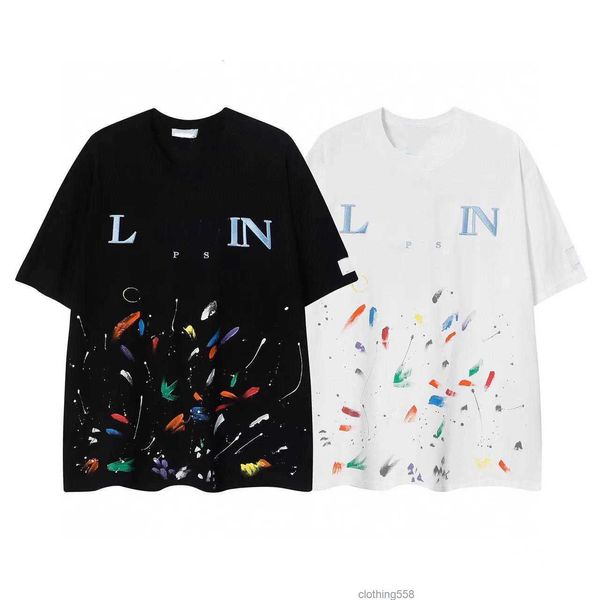 

designer luxury lanvins classic hand painted graffiti speckled short sleeve t-shirt for men and women trendy loose and comfortable, White;black