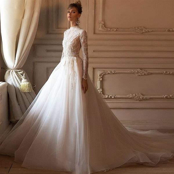 

luxurious lace beads crystal wedding dress high neck shine wedding gown with illusion long sleeve beading dresses for bride, White