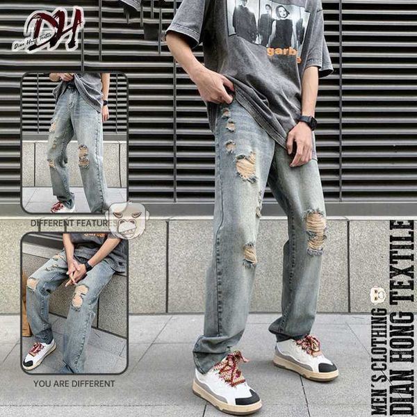 

designer jeans men's hiphop fried street pants, men's high street trendy brand washed rough edge torn jeans, Blue