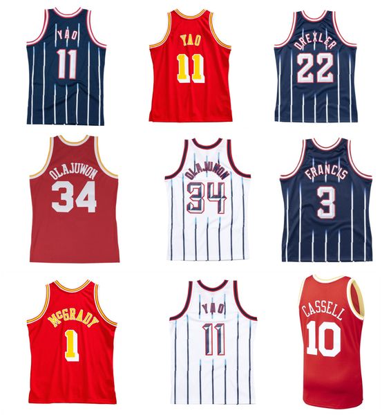 

yao ming rocket basketball jersey houstons hakeem olajuwon tracy mcgrady francis clyde drexler cassell elie mitchell and ness throwback red, Black;red