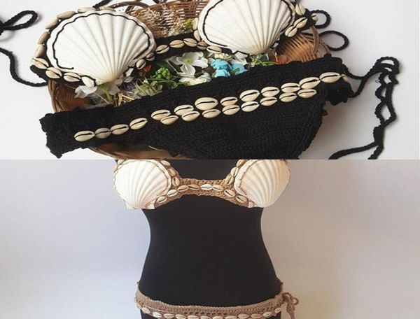 

shell bikini 2019 women bikini set crochet swimsuit handmade knit two pieces swimwear strappy bathing suit women beachwear l02233761306, White;black