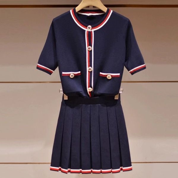 

summer new women's small fragrance round neck knitting cardigan women's 2023 summer new navy blue short sleeved loose age reducing, Black;gray