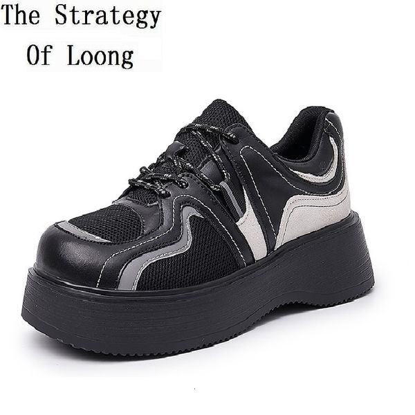 

dress shoe sneakers spring autumn leisure y bottom platform mixed colors mesh patchwork genuine leather ladies casual pumps 230803, Black