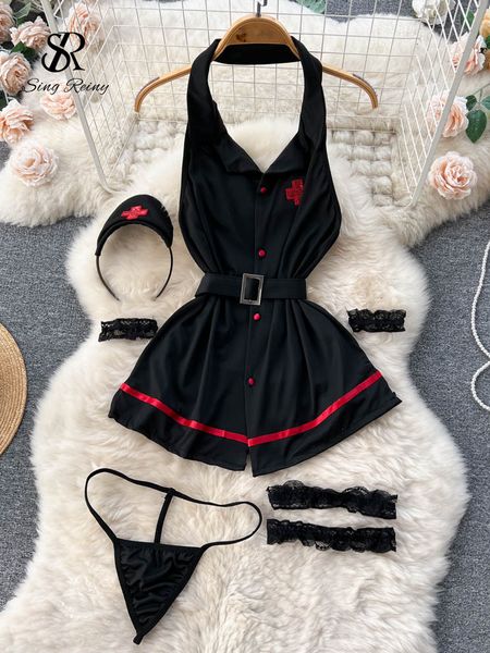 

skirt singreiny erotic fashion halter night dress summer v neck vintage belt slim nightwear women backless sexuality club pajamas 230803, Red;black