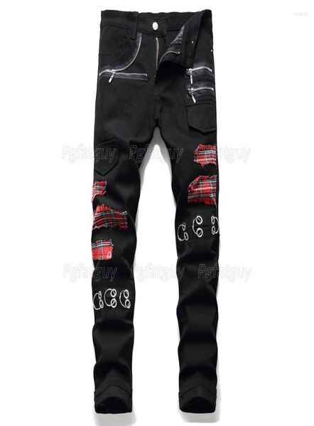 

men039s jeans men39s zipper patch red scottish plaid print high street slim denim pants cool fashion streetwear male rivet2909023, Blue