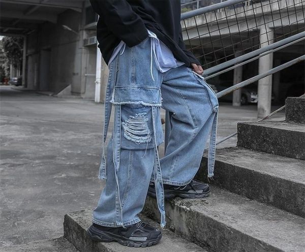 

houzhou baggy jeans ripped for men denim trousers male punk rave goth pants cargo streetwear autumn hip hop 2203285270489, Blue
