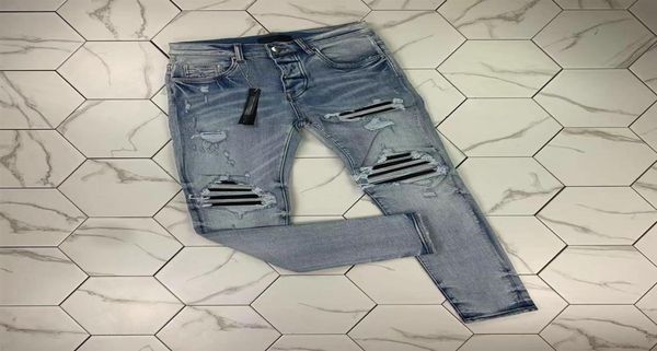 

hm500 mens jeans distressed motorcycle biker jean rock skinny slim ripped hole stripe fashionable snake embroidery de6376343, Blue