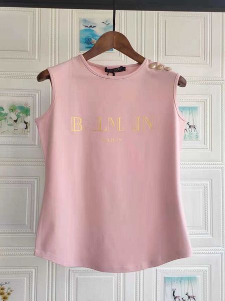 

balman fashion t shirts gilding letter cotton t shirt gold button circular arc hem sleeveless vest women and men 's shirt, White
