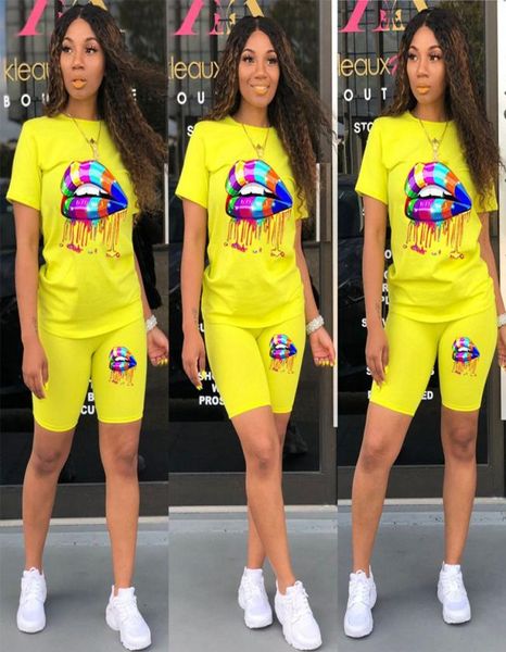 

womens suits plus size two piece set women summer tracksuit lounge wear outfits short sleeve lip print iker shorts sweat suit8729246, White