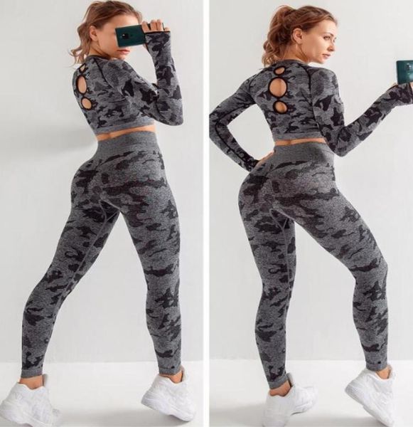 

seamless 2 piece women yoga set gym clothing fitness leggingscropped shirts sport suit women long sleeve tracksuit active wear9105988, Gray