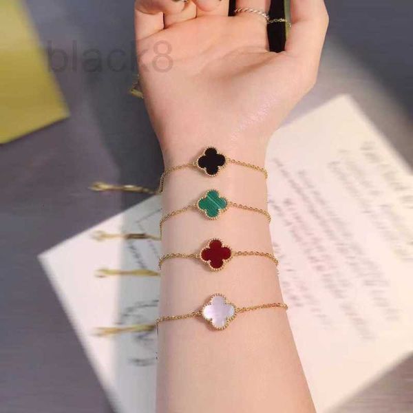 

chain designer four-leaf clover single flower bracelet medium girls' luxury small group 18k rose golden year new red agate fritillaria, Black