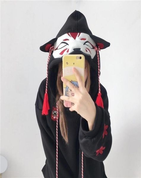 

casual girl cute cat hoodies animal hoodies with ears and tail japanese embroidery hoodie oversized hoodie cute sweatshirt girls y4981375, Black