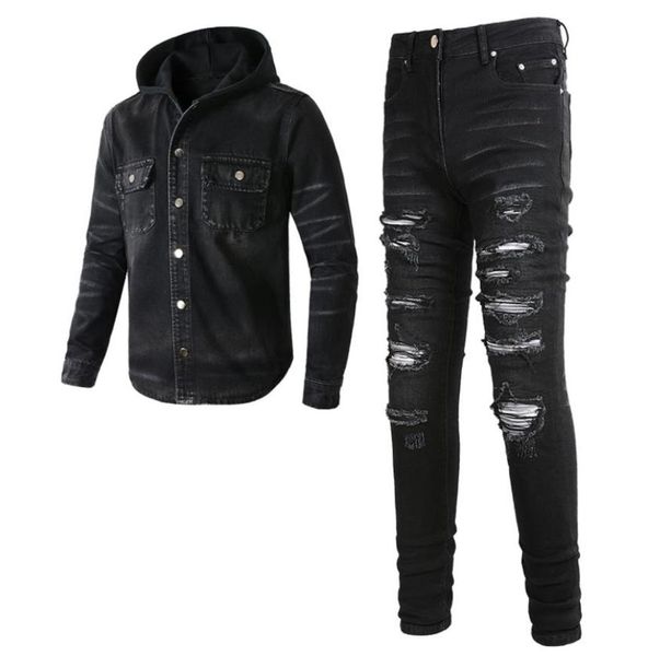 

2023 tracksuits punk street men039s black 2pcs jeans sets spring hooded denim jacket and ripped patch stretch pants vintage men9086792, Gray