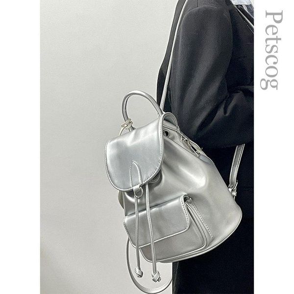

school bags korean fashion backpacks for girl 2023 silver large capacity pu leather flap bag luxury travel shoulder y2k 230803