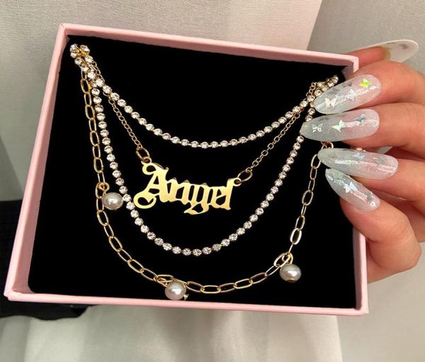 

bohemian pearl chain necklace for women multilayer golden metal babygirl letter crystal tennis necklaces trendy jewelry chains8885402, Silver