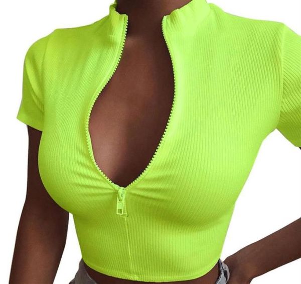 

women crop zipper short sleeve t shirts ladies v neck summer262i6231362, White