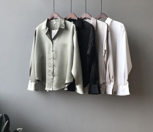 

women039s blouses shirts 2022 chic casual loose poplin shirt female temperamen silk blouse women elegant korean solid color o6238251, White