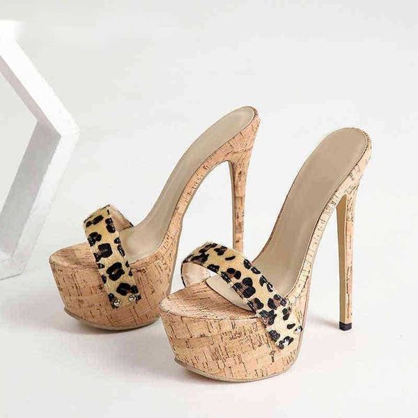 

sandals 2023 new summer leopard ladies slippers fashion peep toe slip on platform mules high heels 17cm shoes 220232, Black