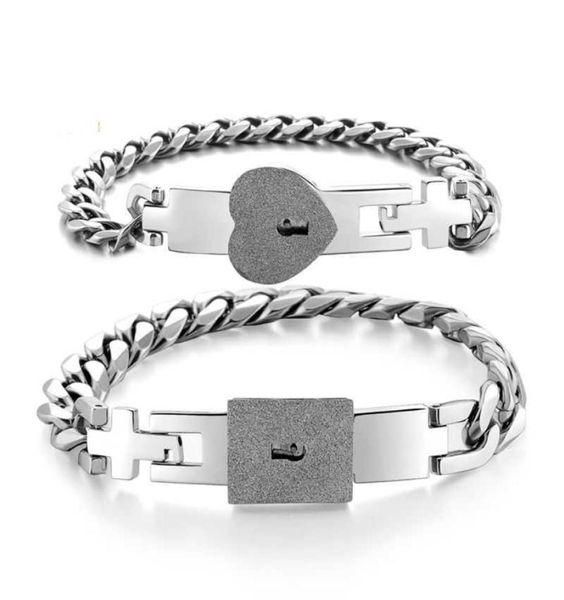 

2pcs tone stainless steel lover heart love lock bracelet with lock key bangles kit couple gift q07223205861, Black