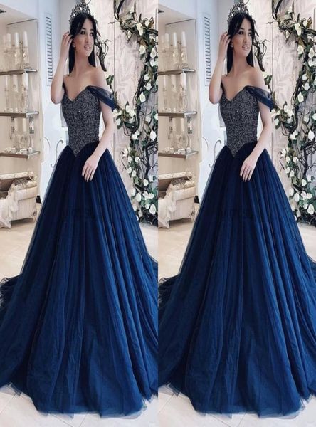 

2022 navy blue pearls modern quinceanera prom dresses off the shoulder with sleeves tulle seuins long party sweet 15 vestidos de d5465969, Blue;red