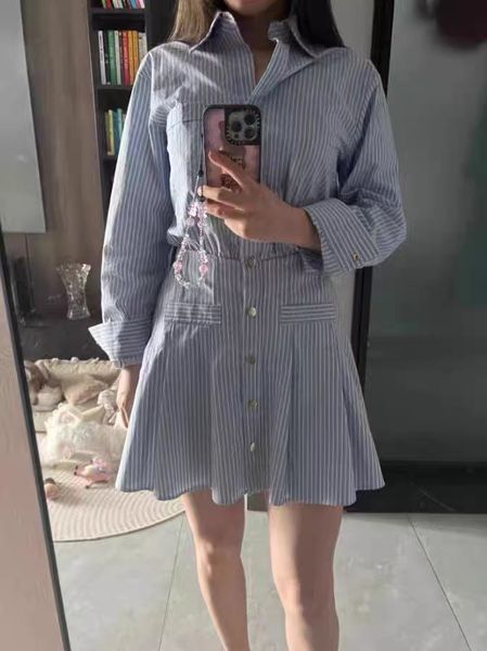 

early -new  * aje - family 2023 spring/summer new polo polo collar shirt dress long sleeve waist waist large swing cotton stripe dress, Black;gray