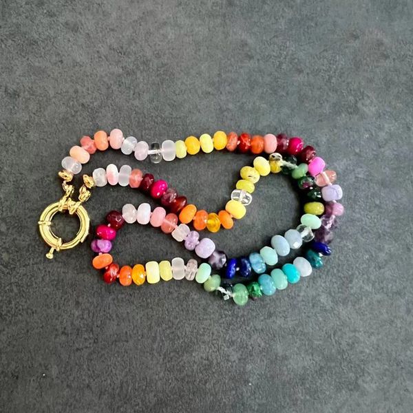 

pendant necklaces bohemian rainbow long necklace natural amethyst aventurine rose quartz chalcedony yellow agate red mixed rope knot jewelry, Silver
