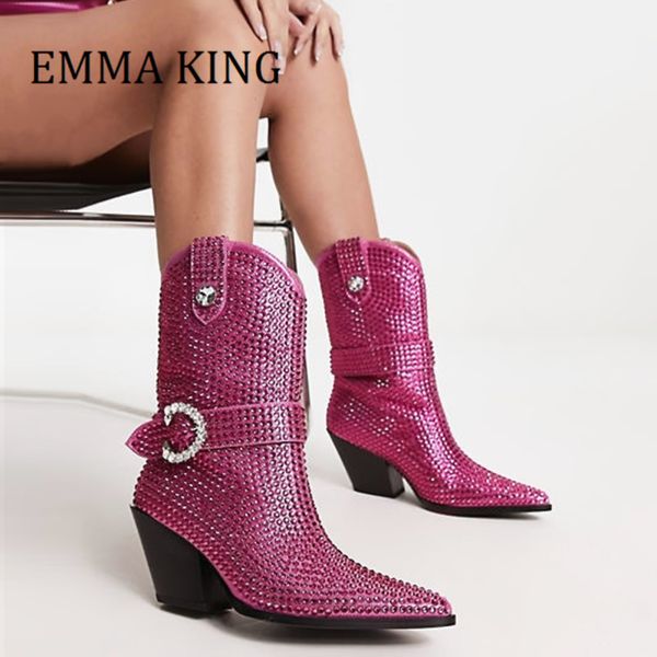 

boots women western cowboy boots pointed toe block heels mid-calf boots diamante embellishment booties pull-on shoes 230803, Black