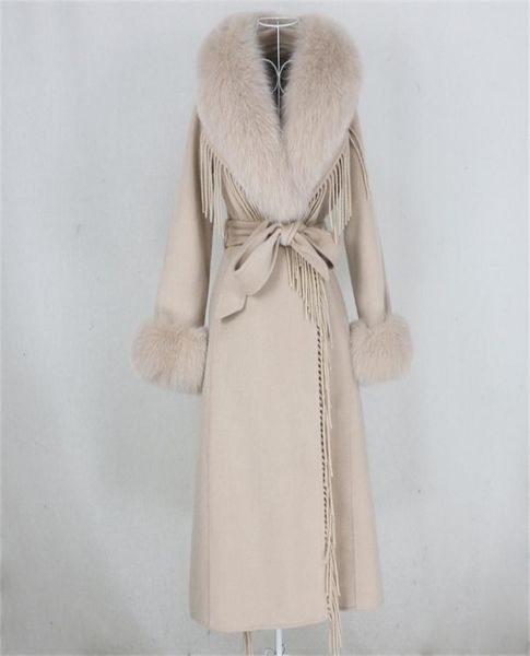 

oftbuy xlong tassel cashmere wool blends real fur coat belt winter jacket women natural fox fur collar cuffs streetwear 2012153939372, Black