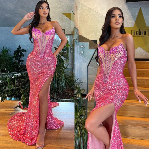 

rosy pink mermaid evening dresses sequins beads strapless formal party prom dress split red carpet long dresses for special occasion, Black;red