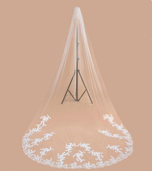 

white ivory long tulle bridal veil velos de novia 3m lace edge cathedral veils with comb wedding accessories4532736, Black