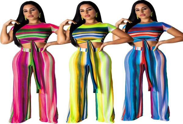 

women two piece outfits summer rainbow 2 piece pants set stripe print short sleeve bandage crop straight pant suit with belt p7752423, White