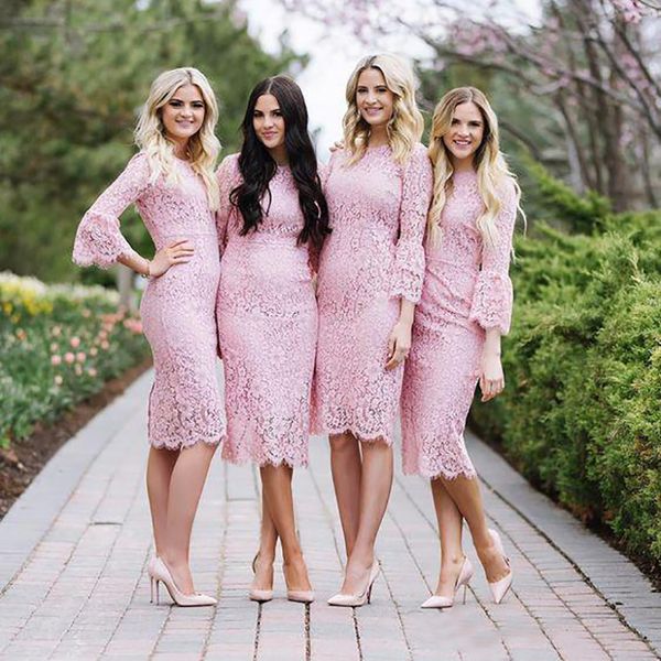 

blush pink full lace tea length plus size 2023 sheath bridesmaid dresses jewel 3/4 long sleeve poet zipper empire tulle custom made, White;pink
