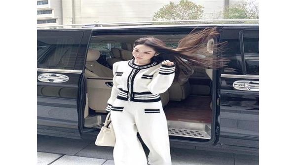 

women039s tracksuits elegant knitting pant sets for women autumn winter chic slim o neck cardigans and wide leg long pants lady1760783, Gray