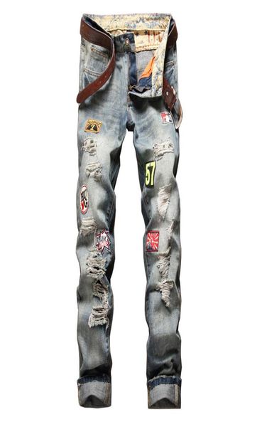 

2020 europe and america brand robin straight bowl badge to hole in full length mid patches zipper jeans men mens2328783, Blue