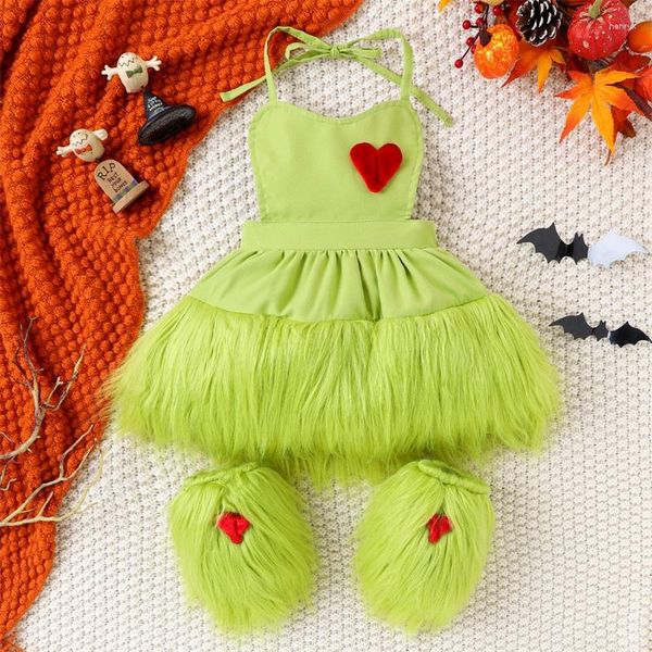 

2024 Christmas Toddler Girl Outfits, 2Pcs Halter Faux Fur Tulle Dress Sets, Green