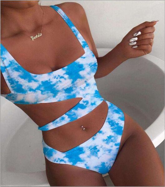 

new solid color one piece swimsuit printed swimsuit bikini female hollow swimsuit european and american bikini2021 polyester8519415