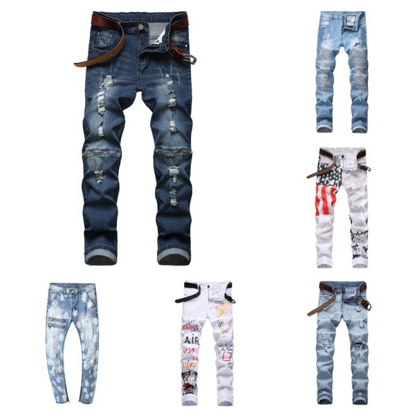 

mens designer jeans fashion personality ripped denim straight pants men hip hop slim-fit spring-light blue denim pants sizes 28-42