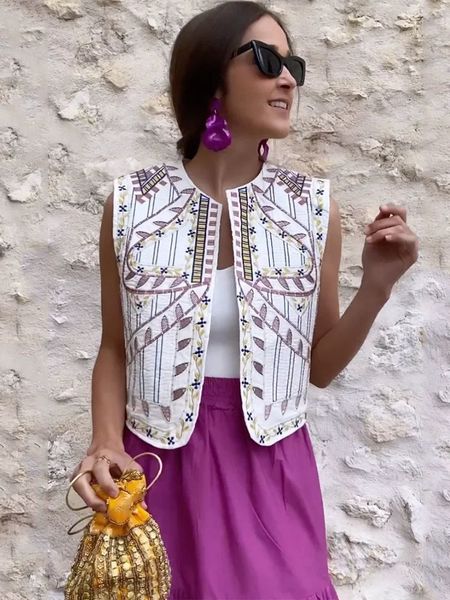 

women's vests casual embroidered printed vests for women vintage fashion sleeveless waistcoat summer loose lady high street cardigan 23, Black;white