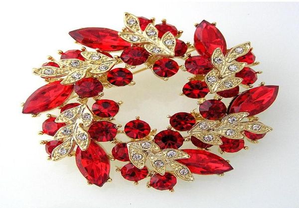 

2 inch gold plated red rhinestone crystal wreath flower brooch9970321, Gray